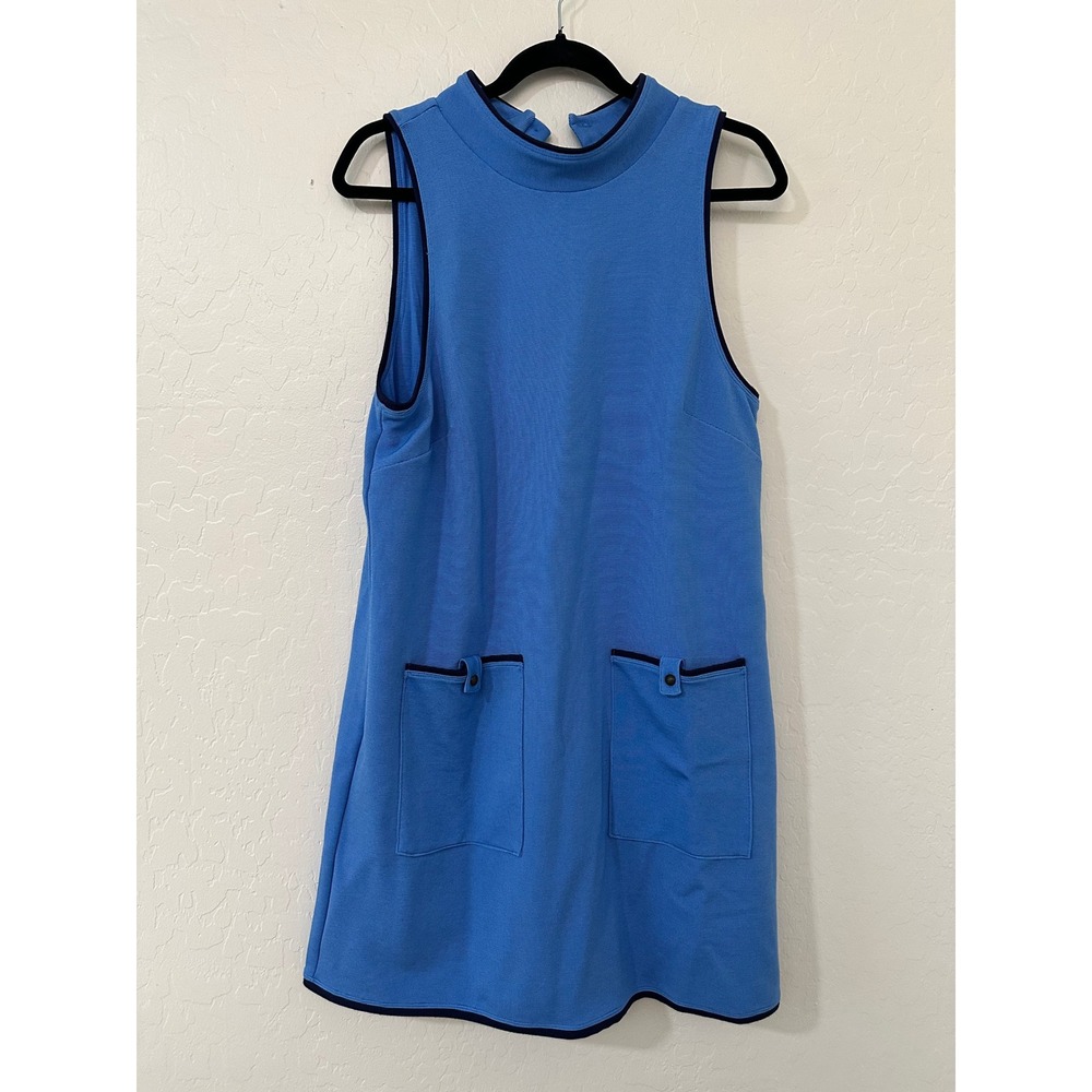 Maeve Anthropologie Sleeveless Mock Neck Mini Shirt Dress Size L Blue Retro